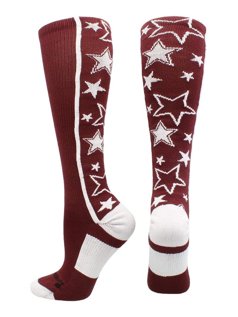 MadSportsStuff Crazy Socks with Stars Over the Calf Socks (Maroon/White, Medium) - Image 1